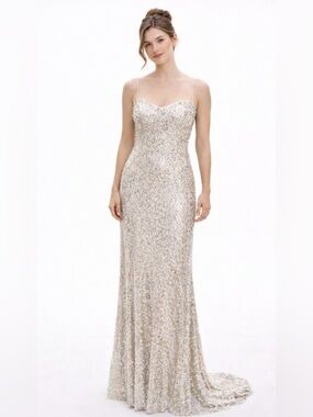 Galvan London Metallic Silver Sequin Long Evening Gown Dress SZ 6